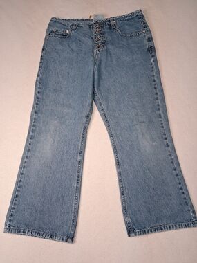 Womens Light Blue Flared Button-Fly Jeans